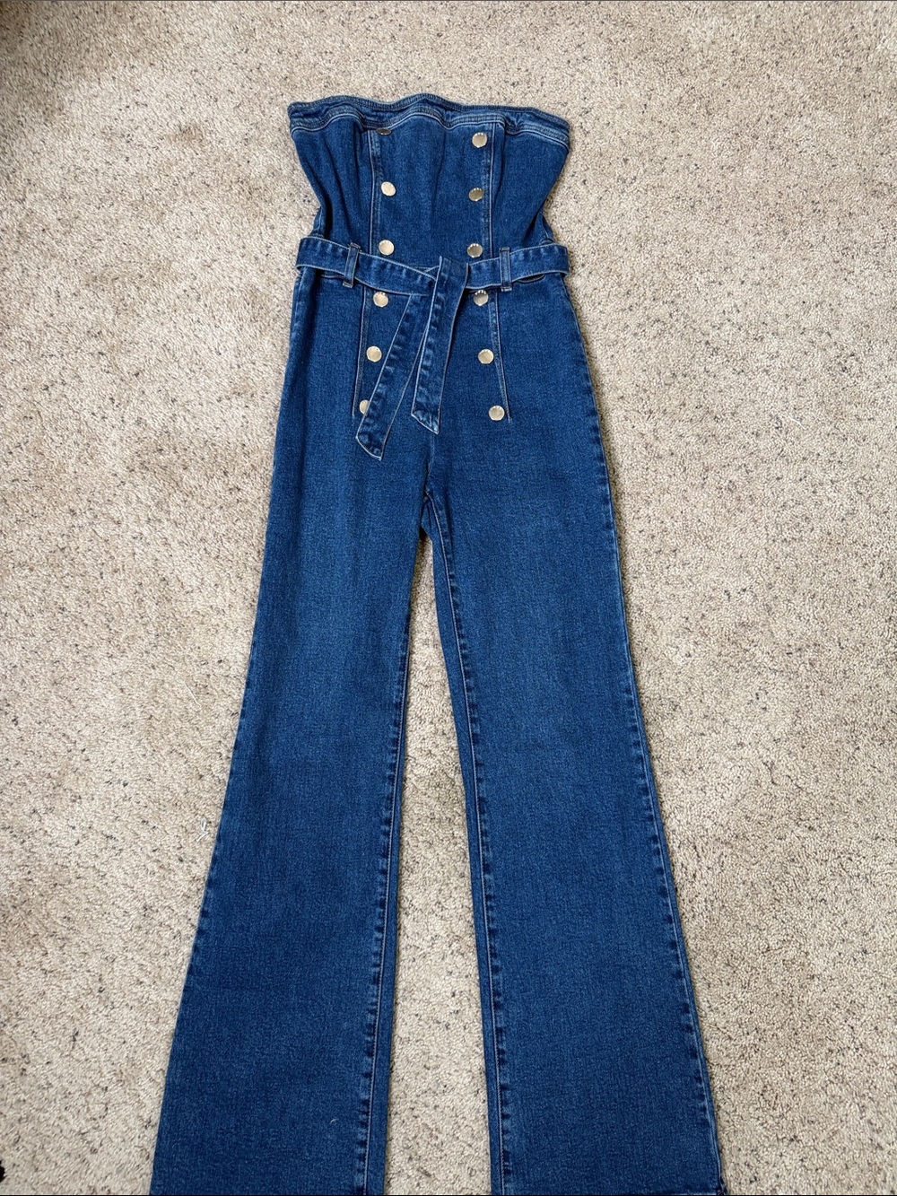 Bebe Dark Blue Denim strapless Jumpsuit with Belt sexy 4